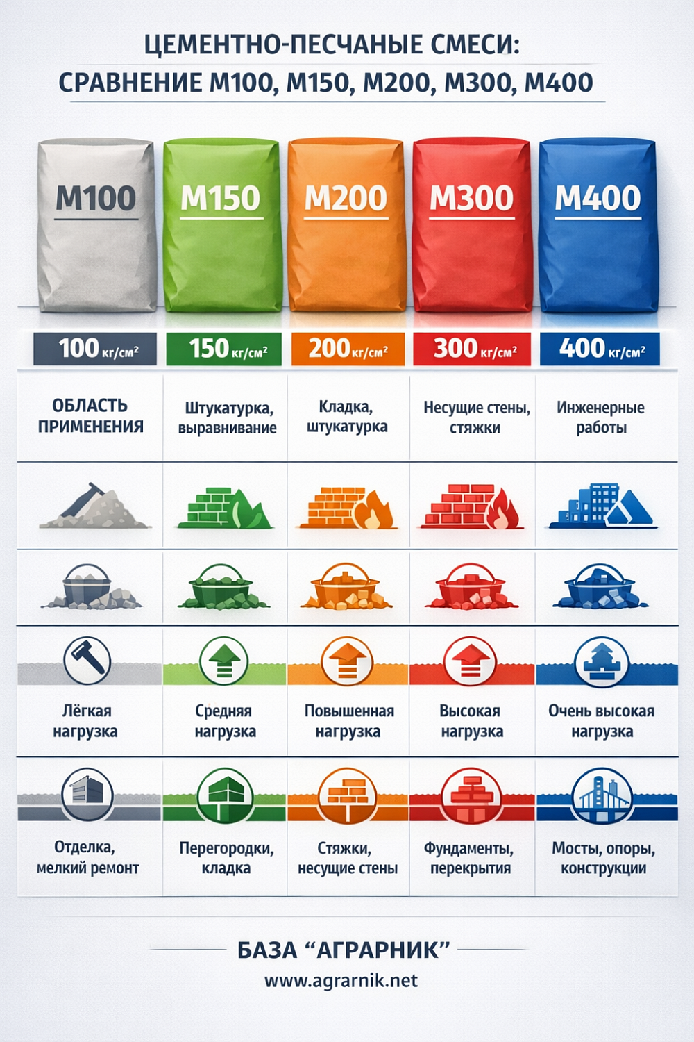 Цементно-песчаные смеси М100, М150, М200, М300 и М400 — отличия, применение и выбор
